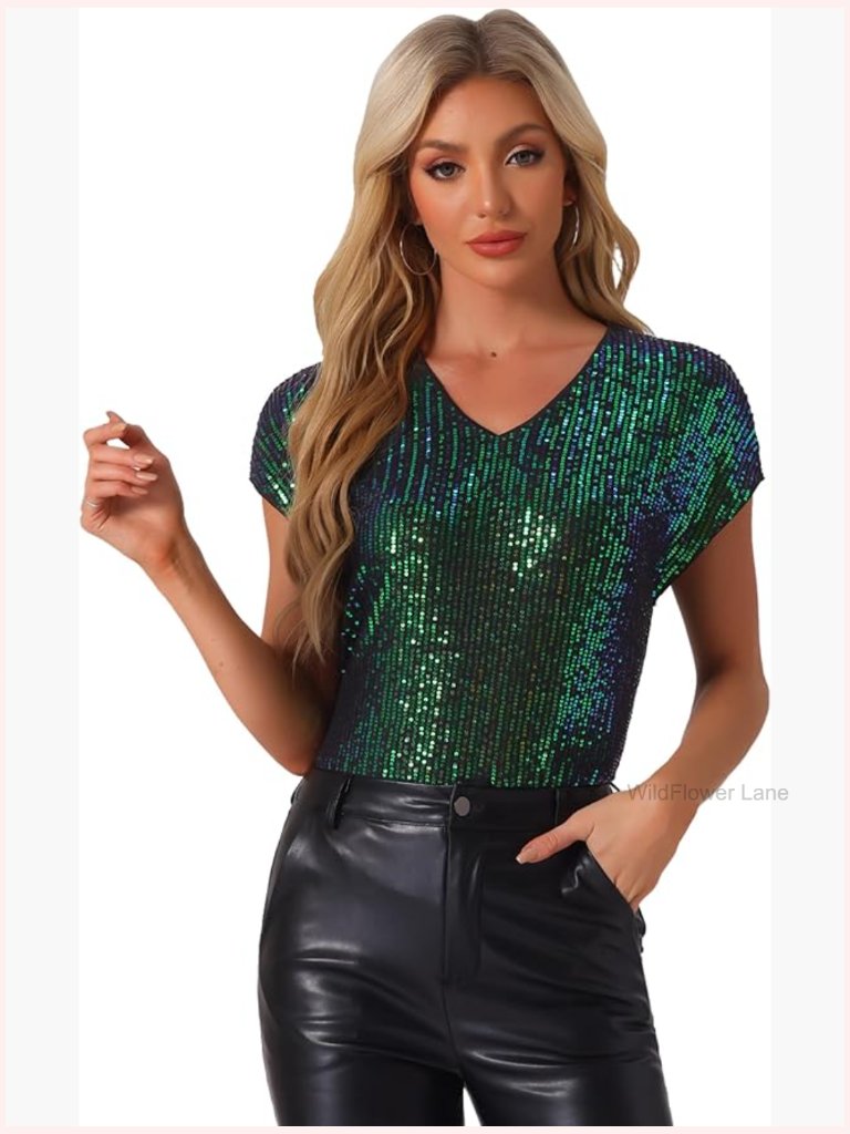 Sparkly Sequin V Neck Batwing Sleeve Party Top